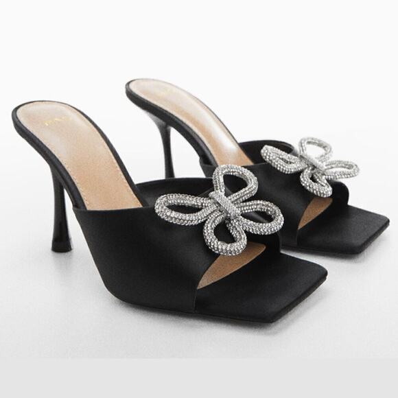 RARE MANGO Bow Rhinestone Heels NWT | Black Square Toe | Sz 7.5 & 9 - Picture 3 of 12